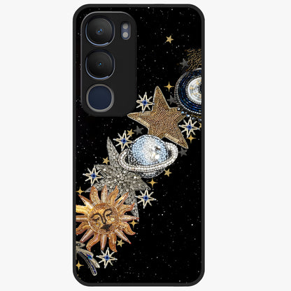 Pearls Universe Object Glass Case showing flat back view with pearl inspired cosmic artwork and glossy glass finish.