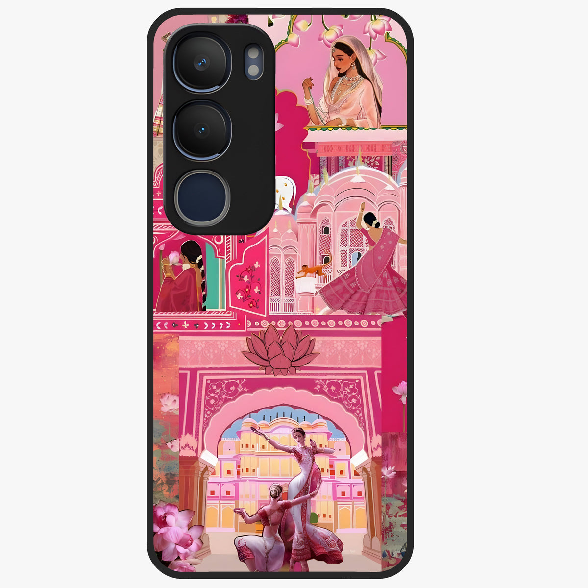 Pink Palace Muse Glass Case showing flat back view with elegant palace inspired artwork and glossy glass finish.