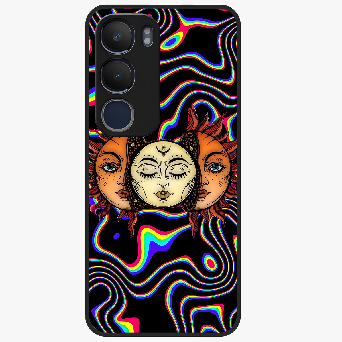 Psychedelic Sun Glass Case showing flat back view with colorful psychedelic sun artwork and glossy glass finish.