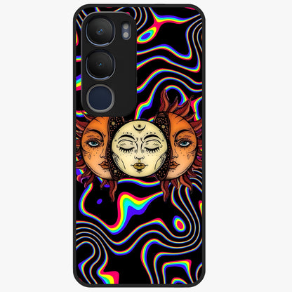 Psychedelic Sun Glass Case showing flat back view with colorful psychedelic sun artwork and glossy glass finish.