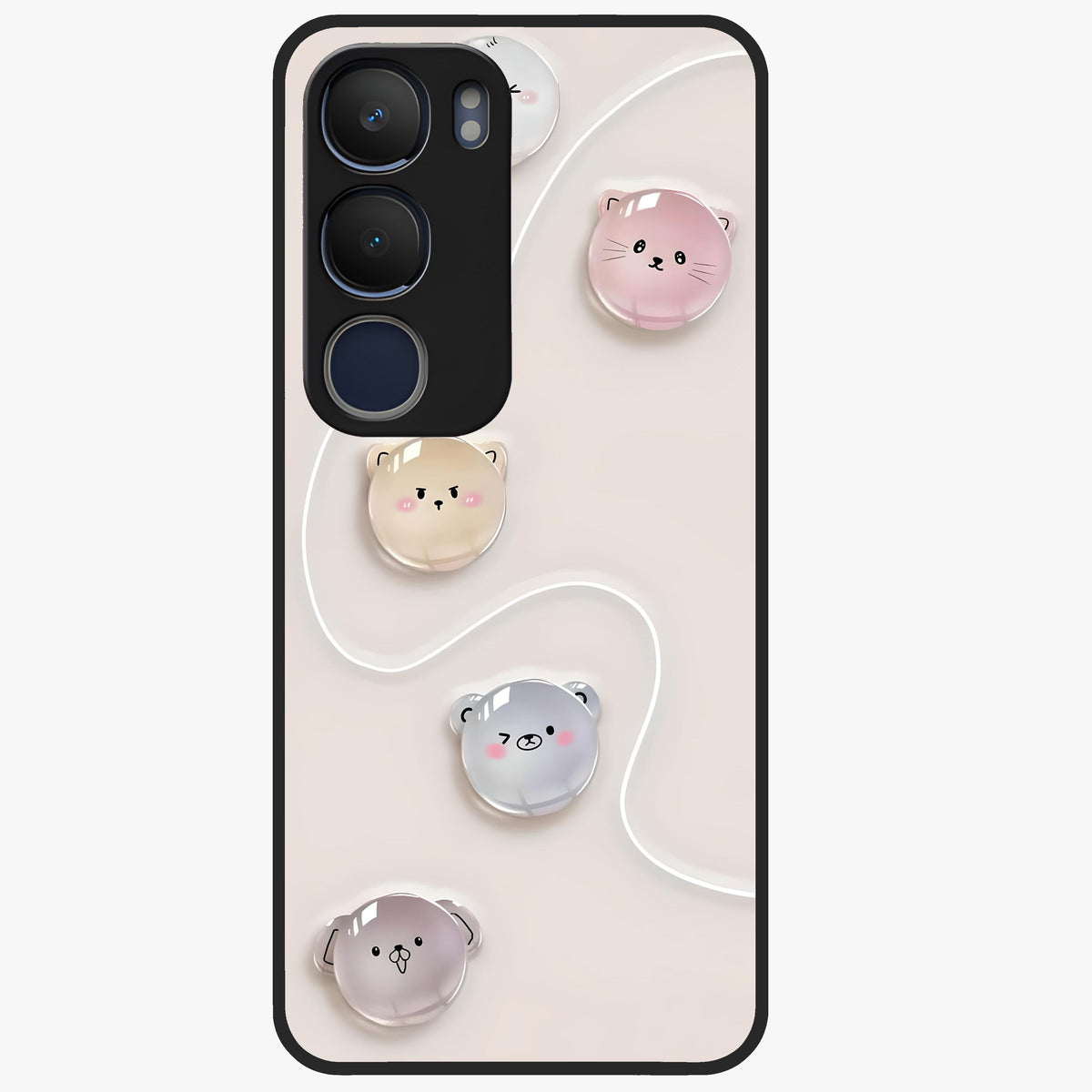 Puffy Face Parade Glass Case showing flat back view with cute puffy character faces artwork and glossy glass finish.