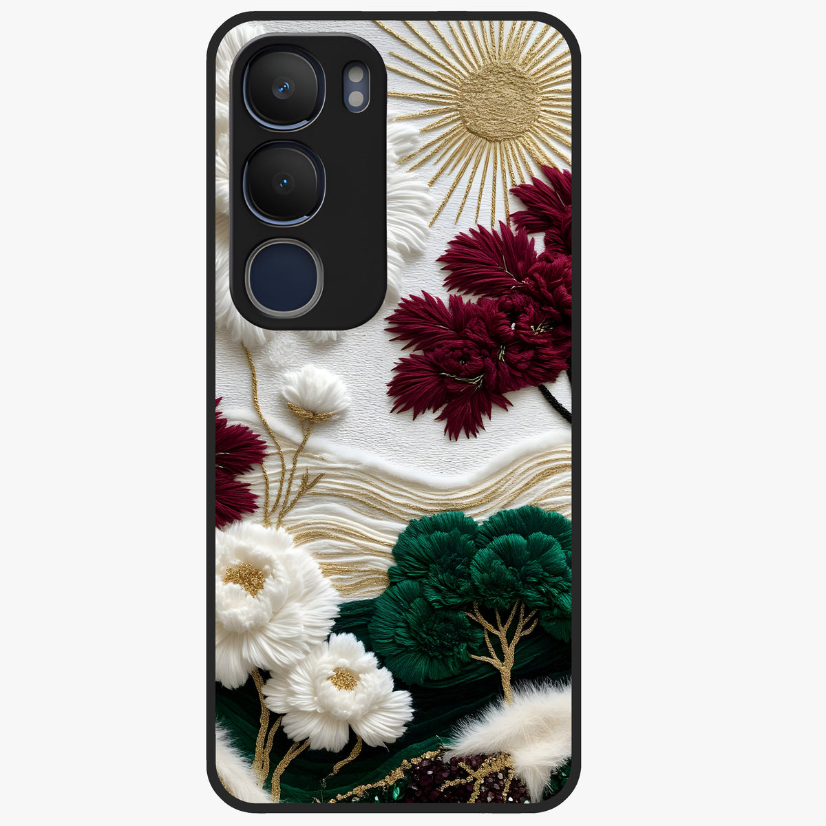 Radiant Bloom Elegance Glass Case showing flat back view with elegant blooming flower artwork and glossy glass finish.