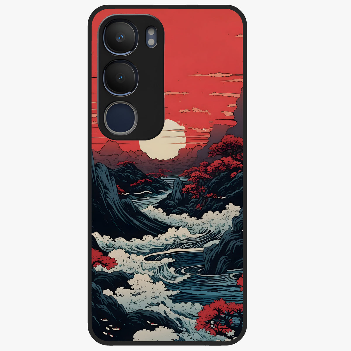 Red Sunset Scenery Glass Case showing flat back view with vibrant sunset landscape artwork and glossy glass finish.