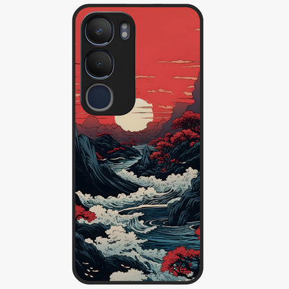 Red Sunset Scenery Glass Case showing flat back view with vibrant sunset landscape artwork and glossy glass finish.