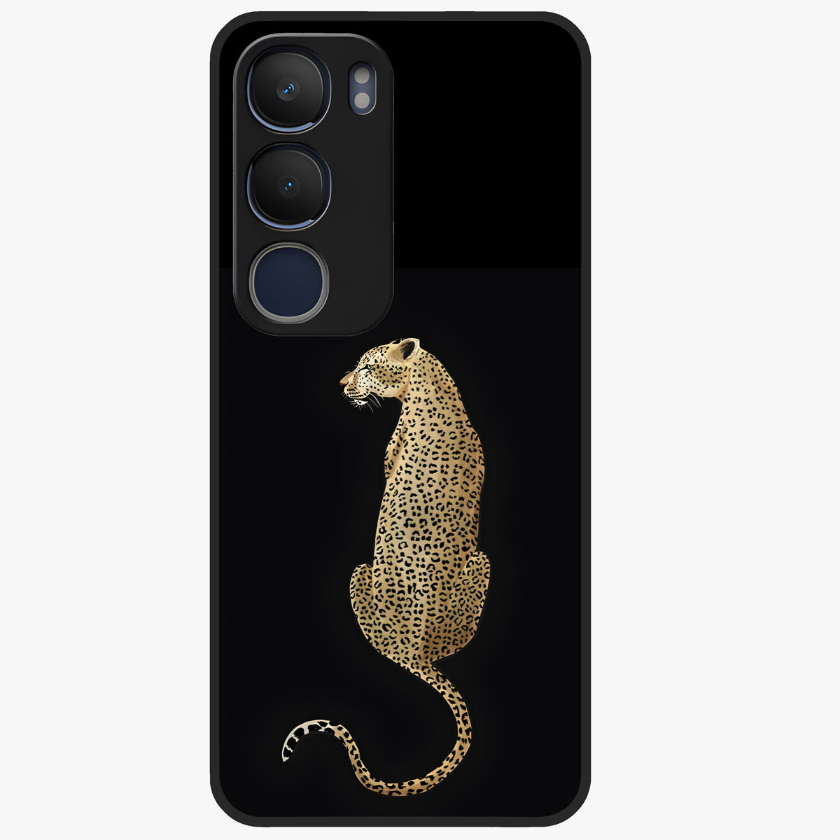Regal Leopard Glass Case showing flat back view with bold leopard artwork and glossy glass finish.