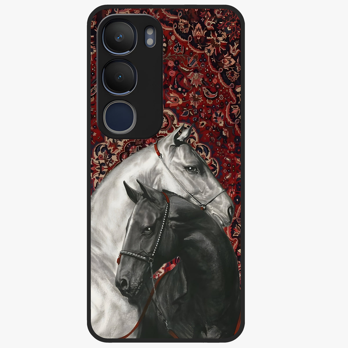 Regal Stallion Tapestry Glass Case showing flat back view with majestic horse tapestry artwork and glossy glass finish.