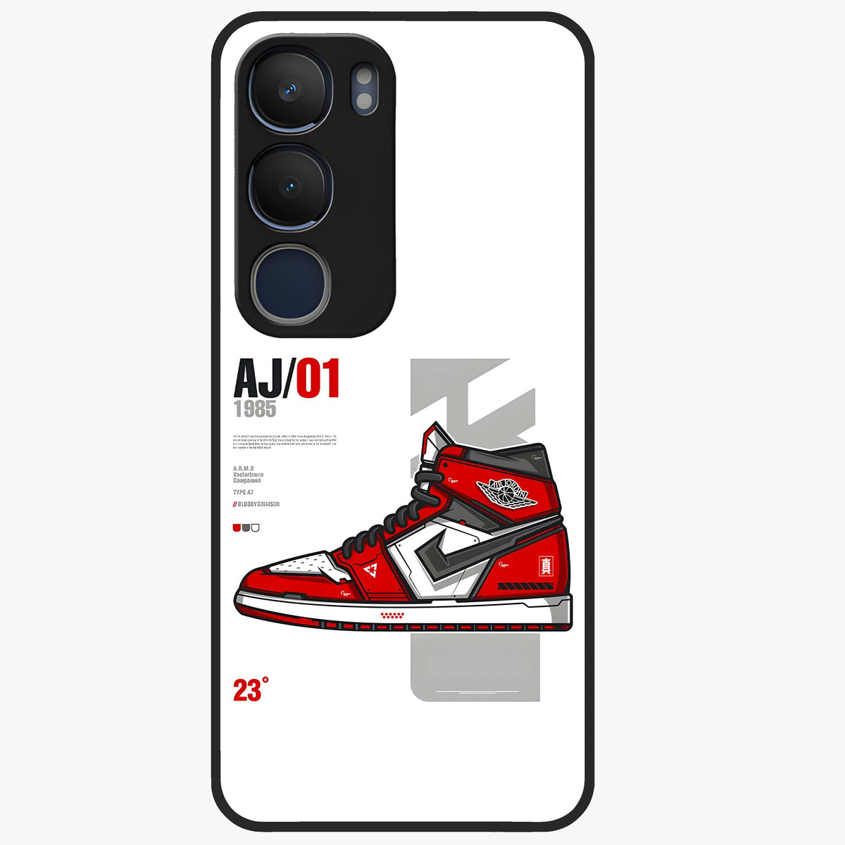 Retro Sneaker Blueprint Glass Case showing flat back view with sneaker blueprint style artwork and glossy glass finish.