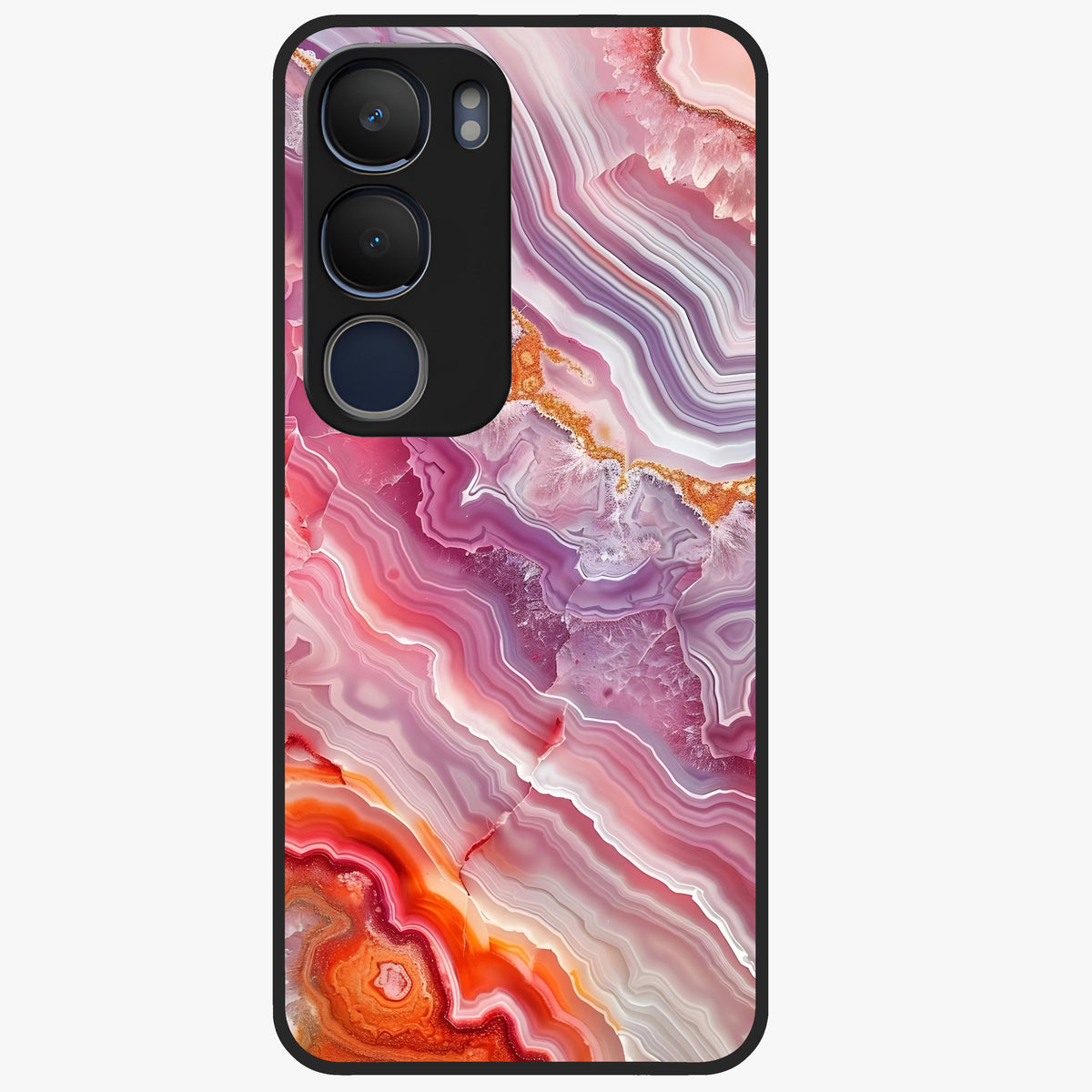 Rose Quartz Marble Glass Case showing flat back view with pink marble quartz texture artwork and glossy glass finish.