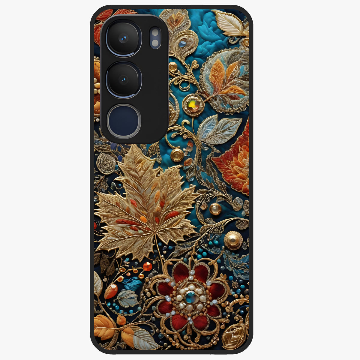 Royal Jewel Garden Glass Case showing flat back view with decorative floral garden artwork and glossy glass finish.