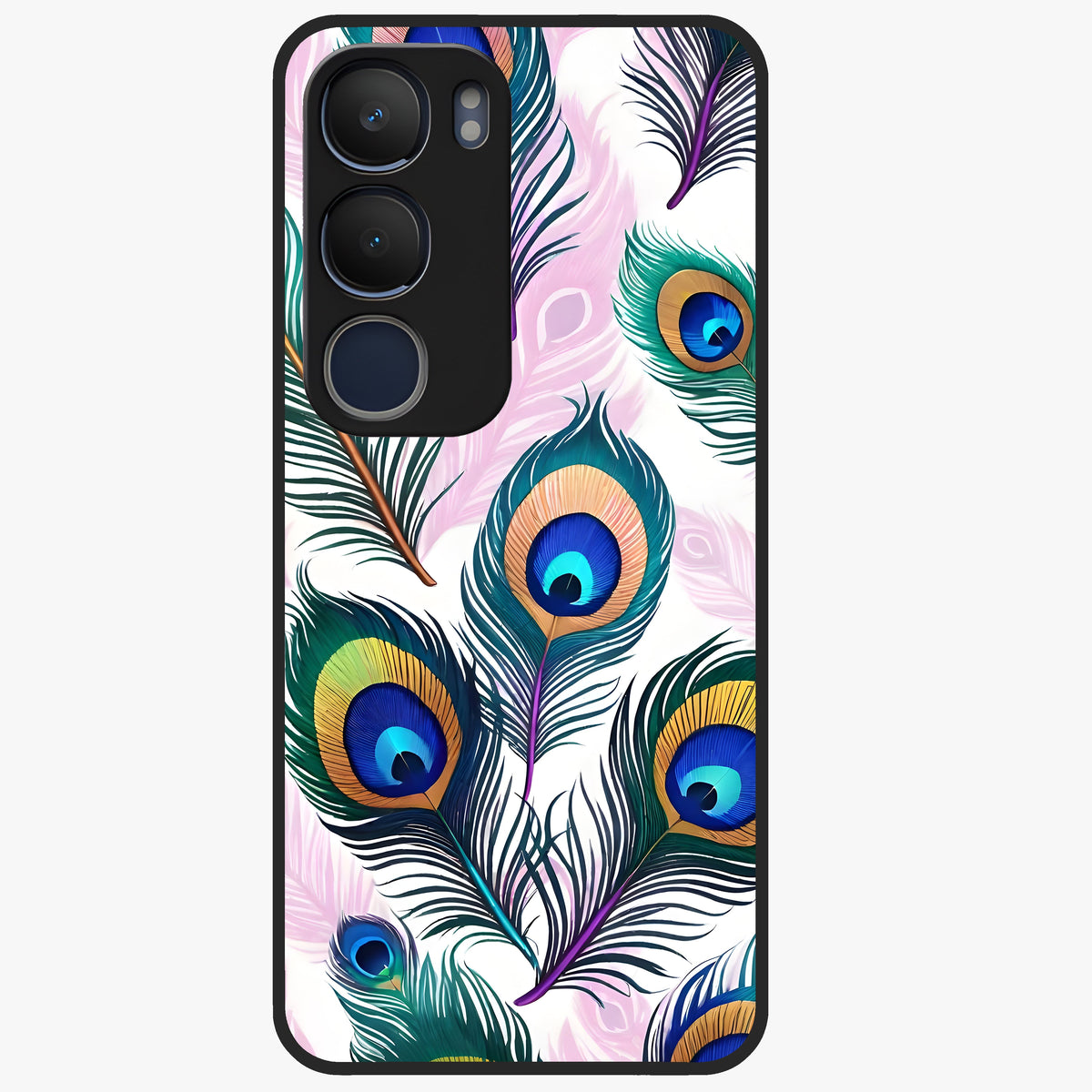 Royal Peacock Feathers Glass Case showing flat back view with colorful peacock feather artwork and glossy glass finish.
