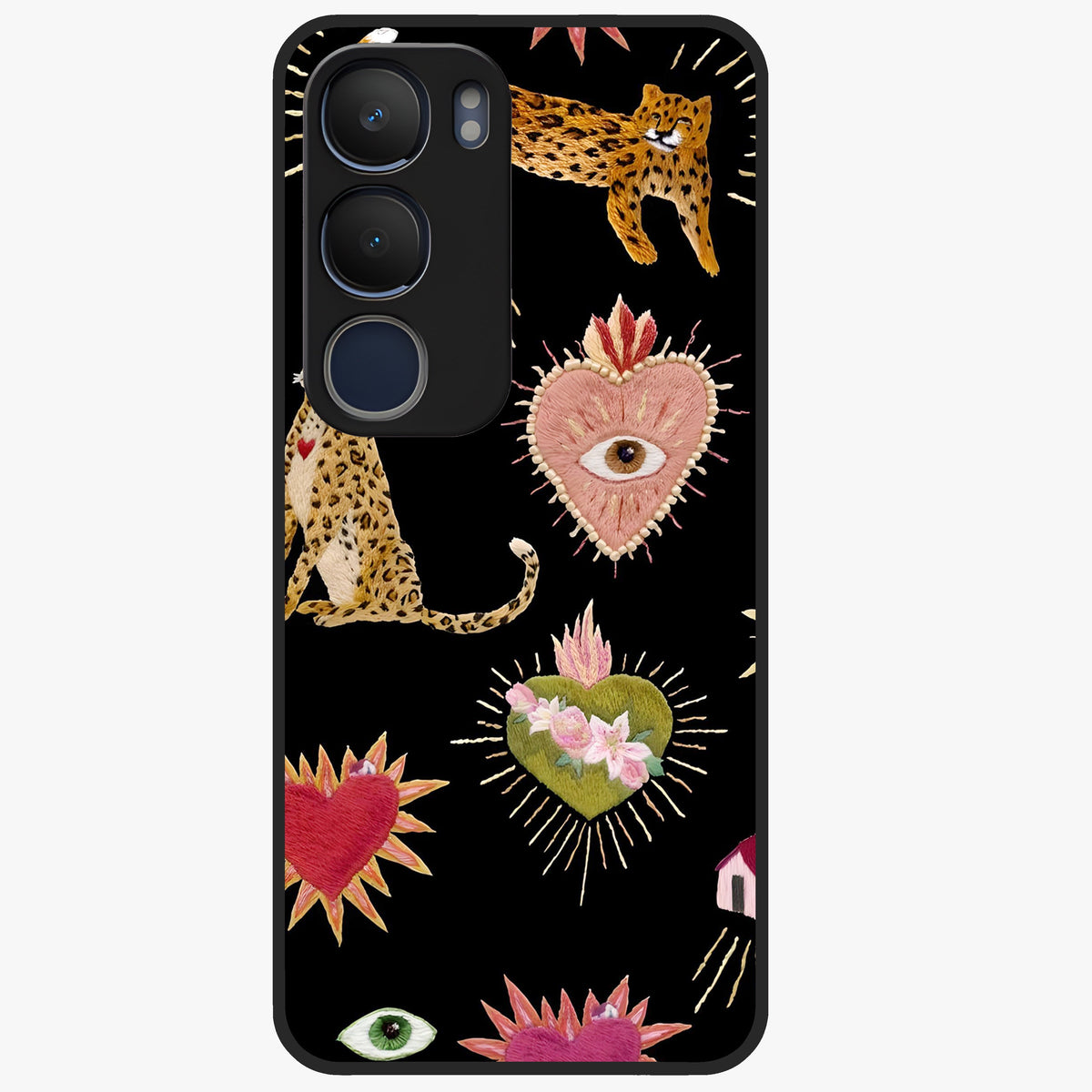 Sacred Jungle Heart Glass Case showing flat back view with jungle inspired heart artwork and glossy glass finish.