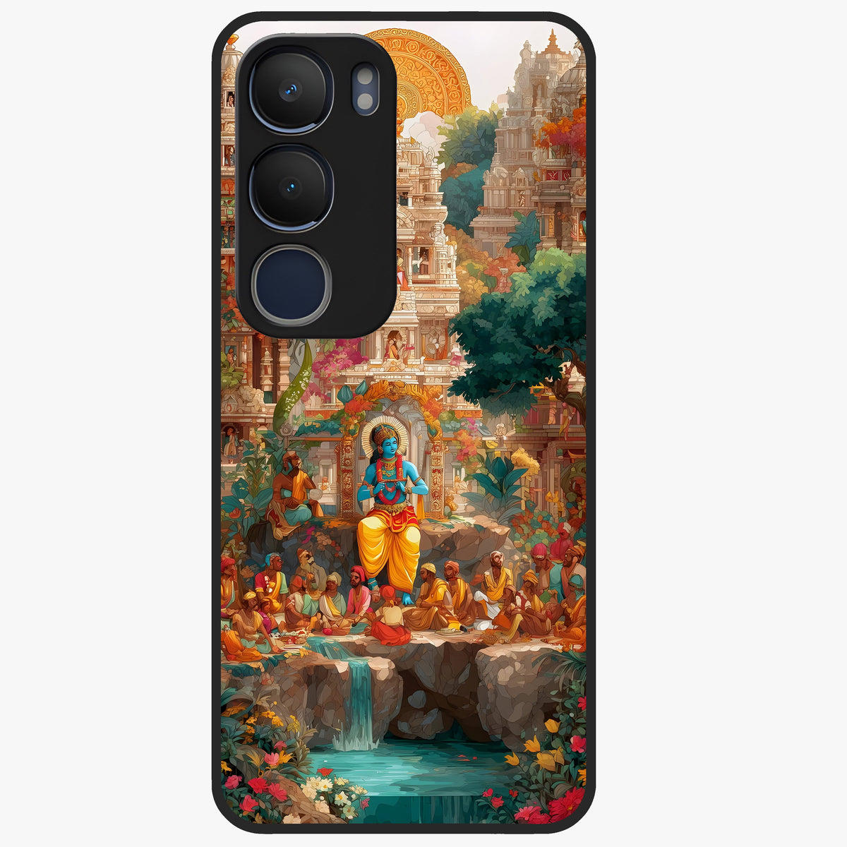 Sacred Sunlight Gods Glass Case showing flat back view with divine sunlight themed artwork and glossy glass finish.