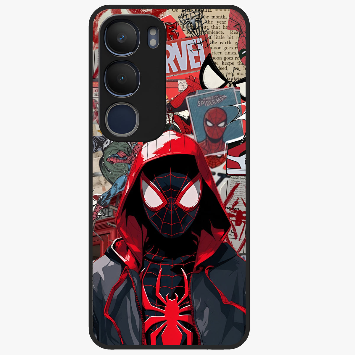 Spider Collage Street Glass Case showing flat back view with vibrant superhero collage artwork and glossy glass finish.