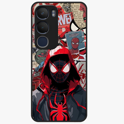 Spider Collage Street Glass Case showing flat back view with vibrant superhero collage artwork and glossy glass finish.