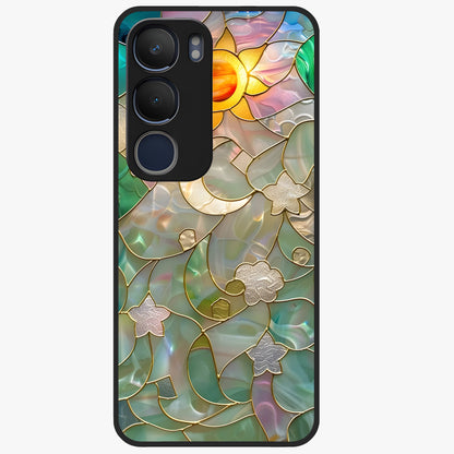 Stained Sunrise Glow Glass Case showing flat back view with glowing sunrise stained pattern artwork and glossy glass finish.