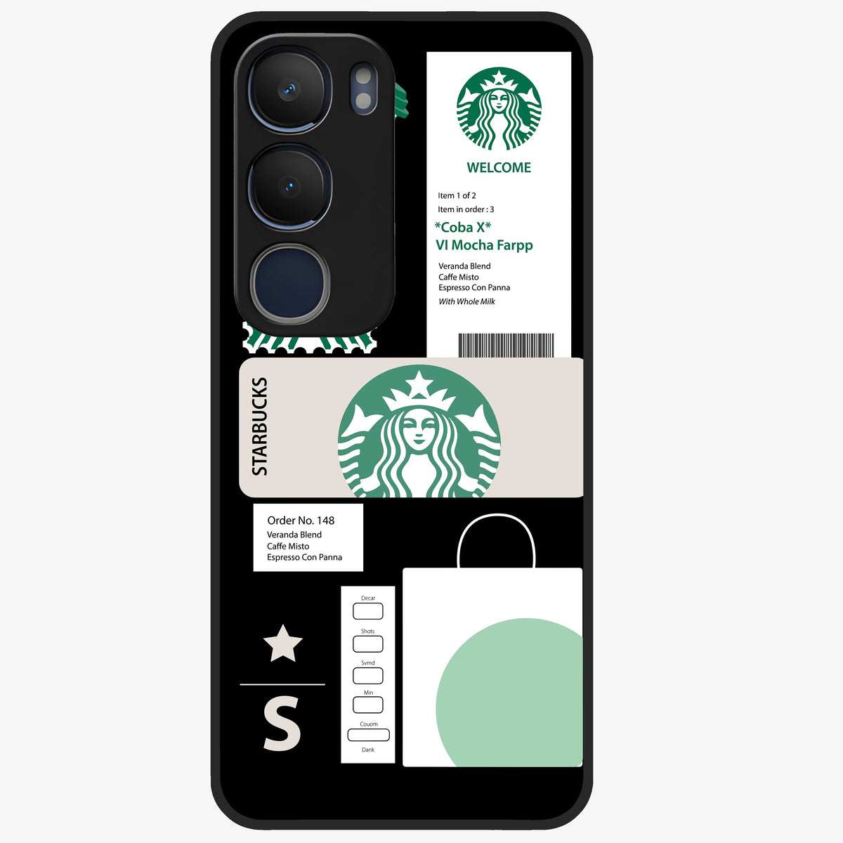 Starbucks Mocha Glass Case showing flat back view with coffee inspired artwork and glossy glass finish.