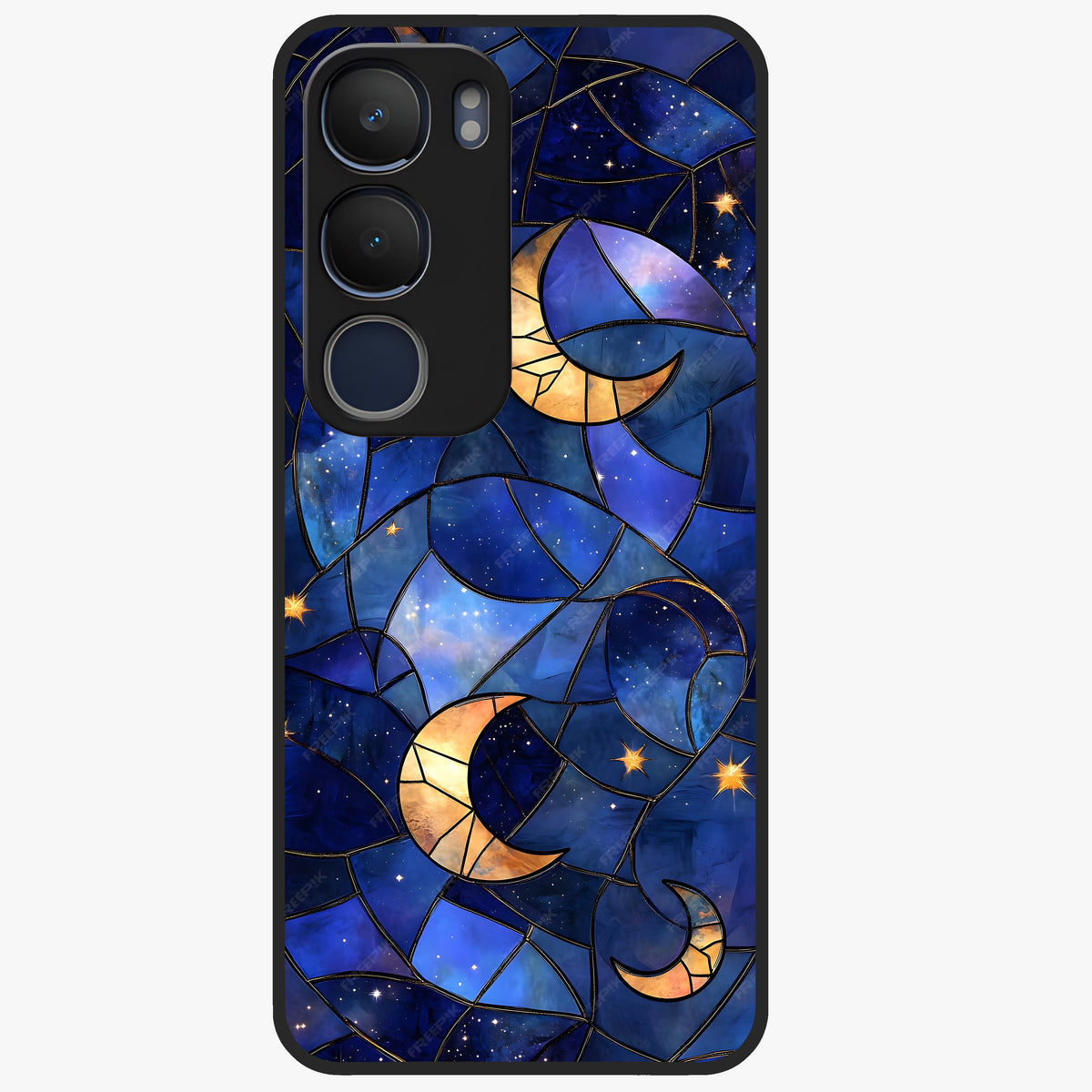 Starlit Sky Tapestry Glass Case showing flat back view with decorative starry sky tapestry artwork and glossy glass finish.