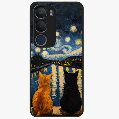 Starry River Cats Glass Case showing flat back view with cats by a starry river artwork and glossy glass finish.