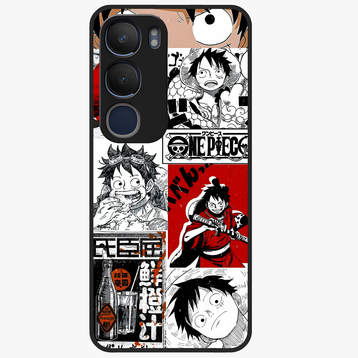 Strawhat Chaos Panels Glass Case showing flat back view with anime inspired chaos panel artwork and glossy glass finish.
