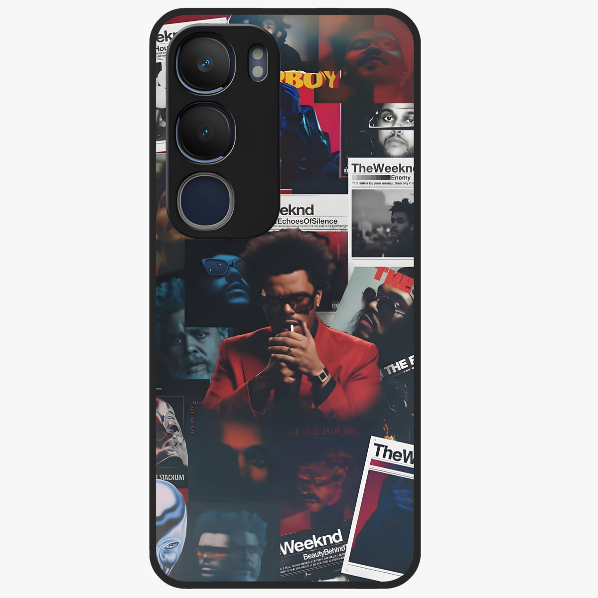 The Weeknd Glass Case showing flat back view with music inspired artistic portrait artwork and glossy glass finish.