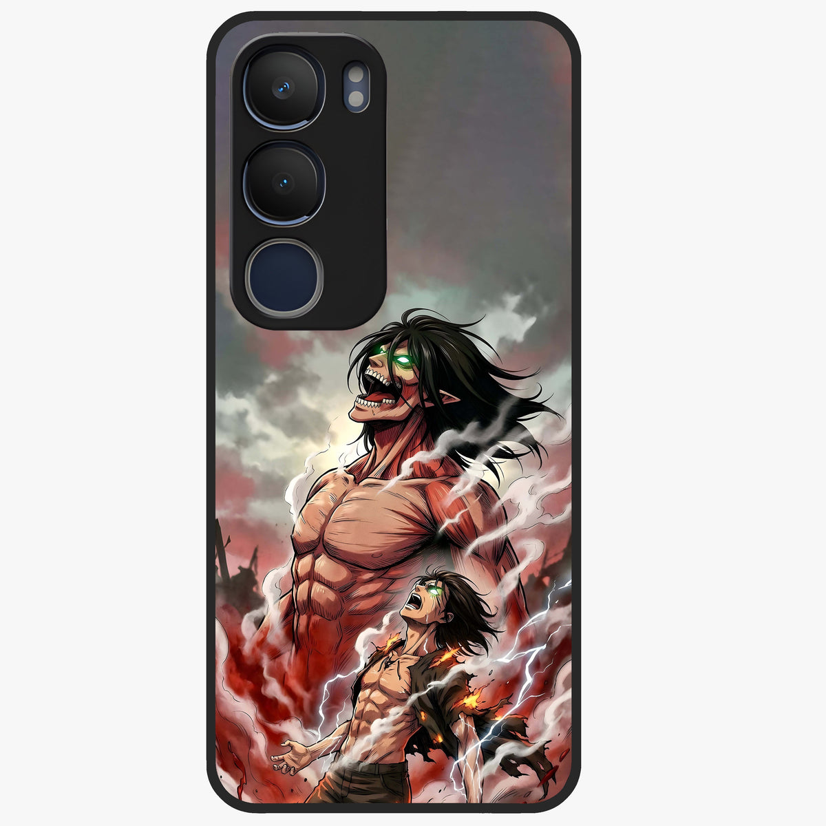 Titan Awakening Fury Glass Case showing flat back view with powerful titan inspired artwork and glossy glass finish.