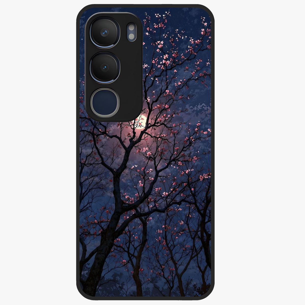 Twilight Sakura Serenade Glass Case showing flat back view with cherry blossom artwork at twilight and glossy glass finish.