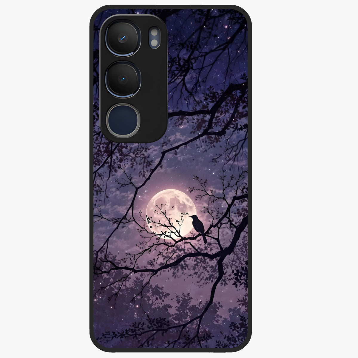 Whispering Moon Silence Glass Case showing flat back view with serene moon themed artwork and glossy glass finish.
