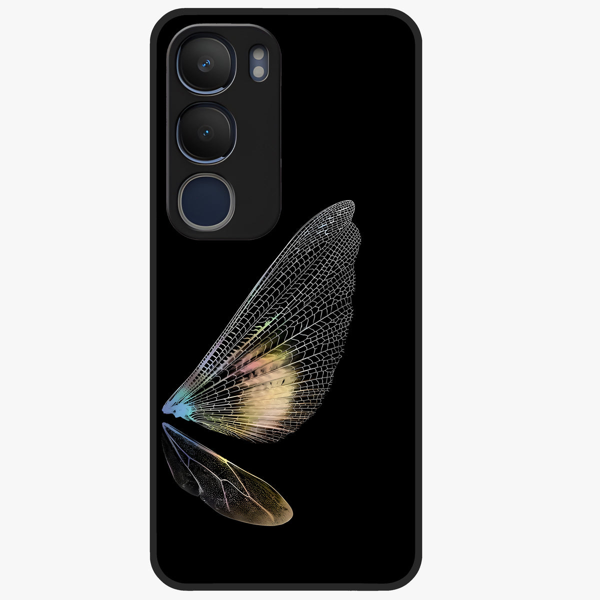 Whispers Of Wings Glass Case showing flat back view with graceful wing inspired artwork and glossy glass finish.