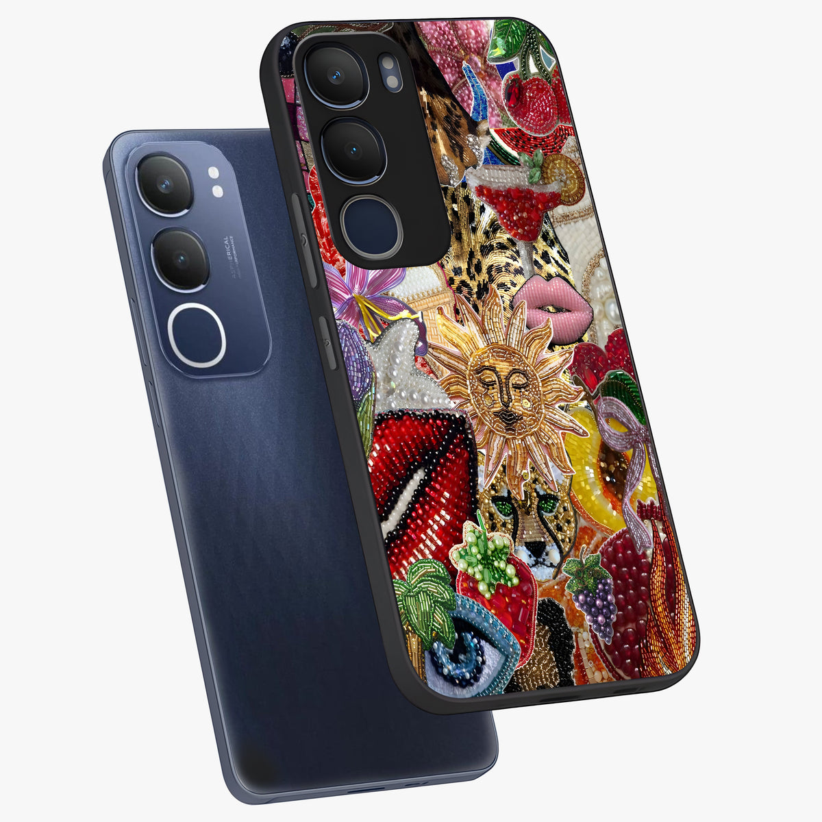 Beaded Fashion Jungle Glass Case displayed in angled mockup highlighting colorful fashion bead design and artistic pattern.