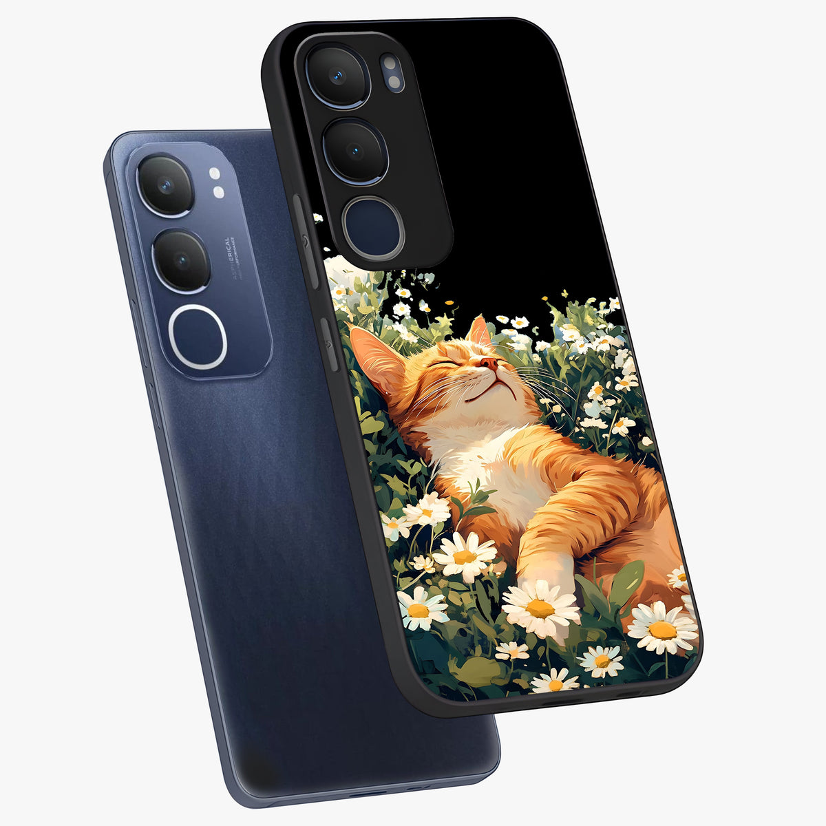 Blissful Bloom Cat Glass Case displayed in angled mockup highlighting playful feline illustration with soft floral aesthetic.