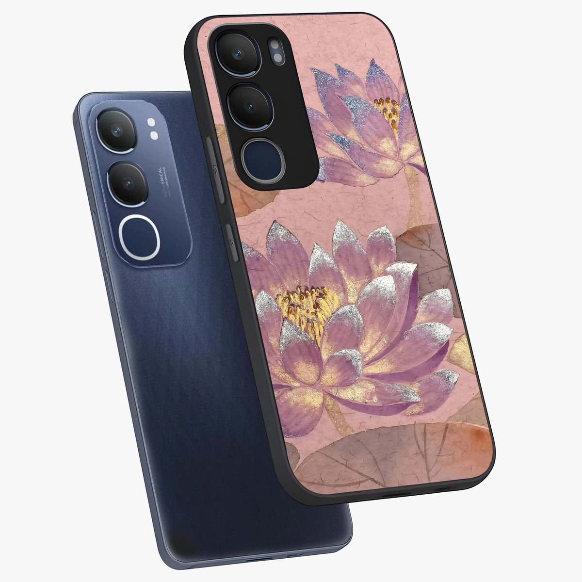 Blossom Mist Lotus Glass Case displayed in angled mockup highlighting delicate lotus illustration with calm aesthetic theme.