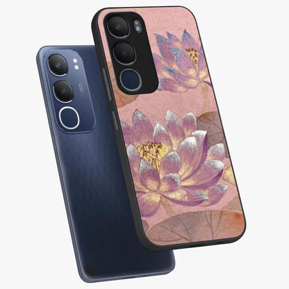 Blossom Mist Lotus Glass Case displayed in angled mockup highlighting delicate lotus illustration with calm aesthetic theme.