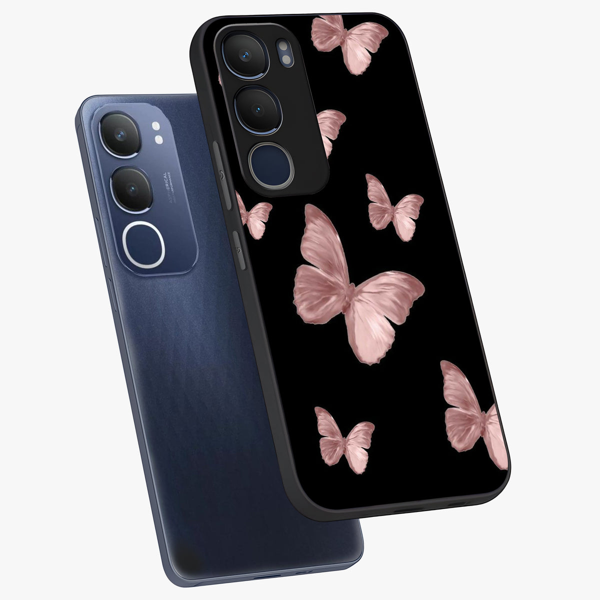 Butterfly Pattern Glass Case displayed in angled mockup highlighting delicate butterfly design and aesthetic pattern style.