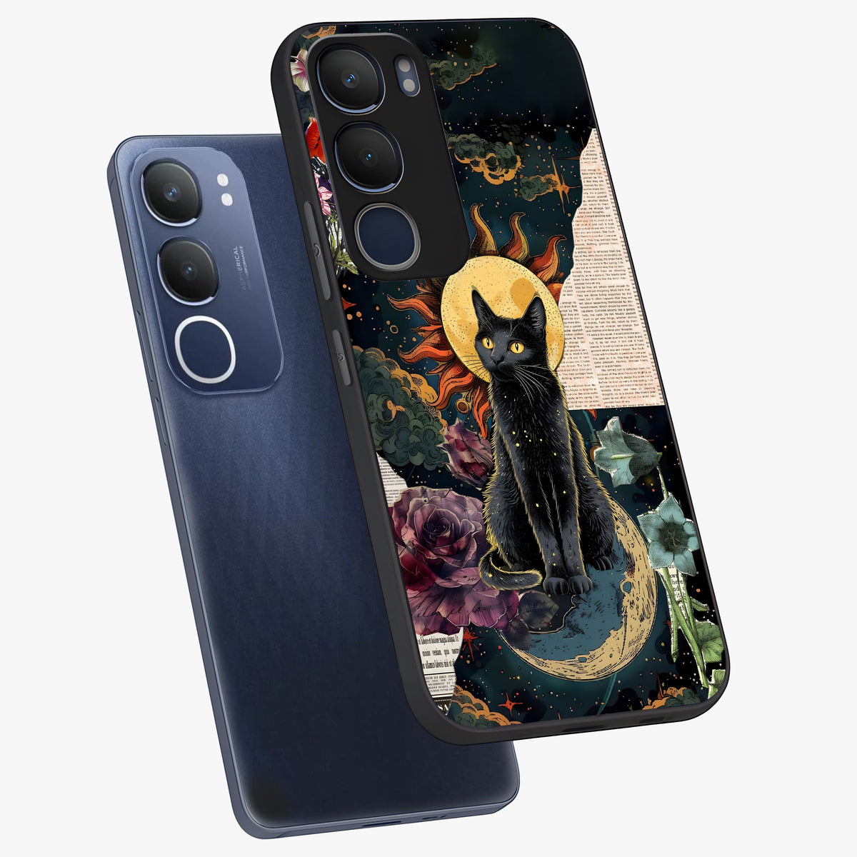 Celestial Black Cat Glass Case displayed in angled mockup highlighting cosmic black cat design with celestial aesthetic.