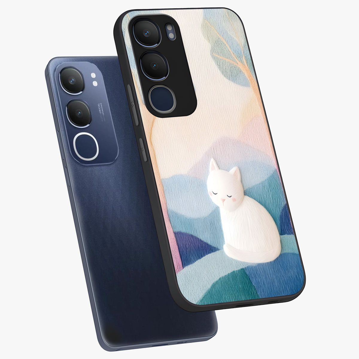 Cotton Dream Cat Glass Case displayed in angled mockup highlighting cute feline illustration with pastel aesthetic style.