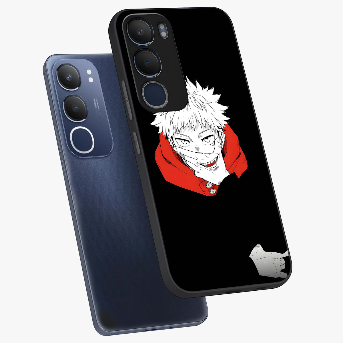 Crimson Chaos Smile Glass Case displayed in angled mockup highlighting edgy crimson smile design with graphic aesthetic.