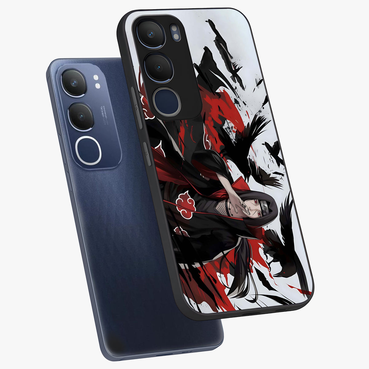 Crimson Crow Illusion Glass Case displayed in angled mockup highlighting mysterious crow graphic with dark aesthetic style.