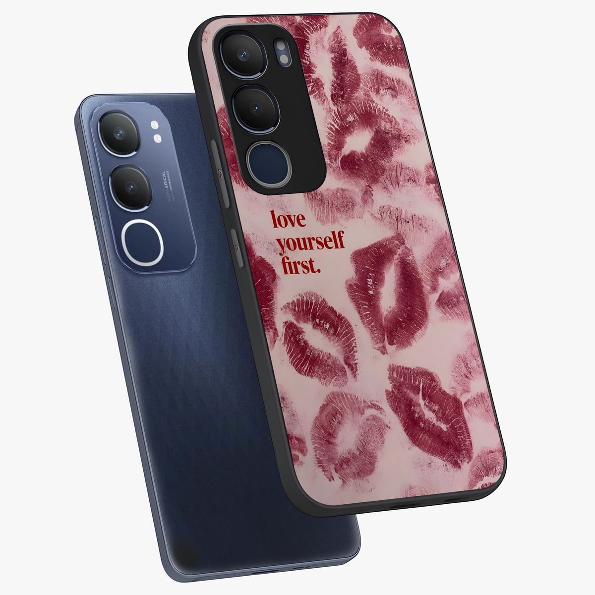 Crimson Kiss Love Glass Case displayed in angled mockup highlighting bold love inspired design with modern aesthetic style.