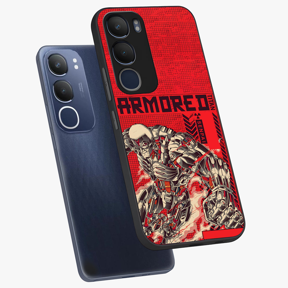 Crimson Mecha Titan Glass Case displayed in angled mockup highlighting futuristic mech illustration with bold crimson aesthetic.