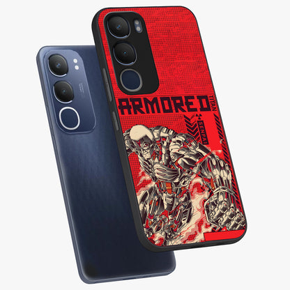 Crimson Mecha Titan Glass Case displayed in angled mockup highlighting futuristic mech illustration with bold crimson aesthetic.
