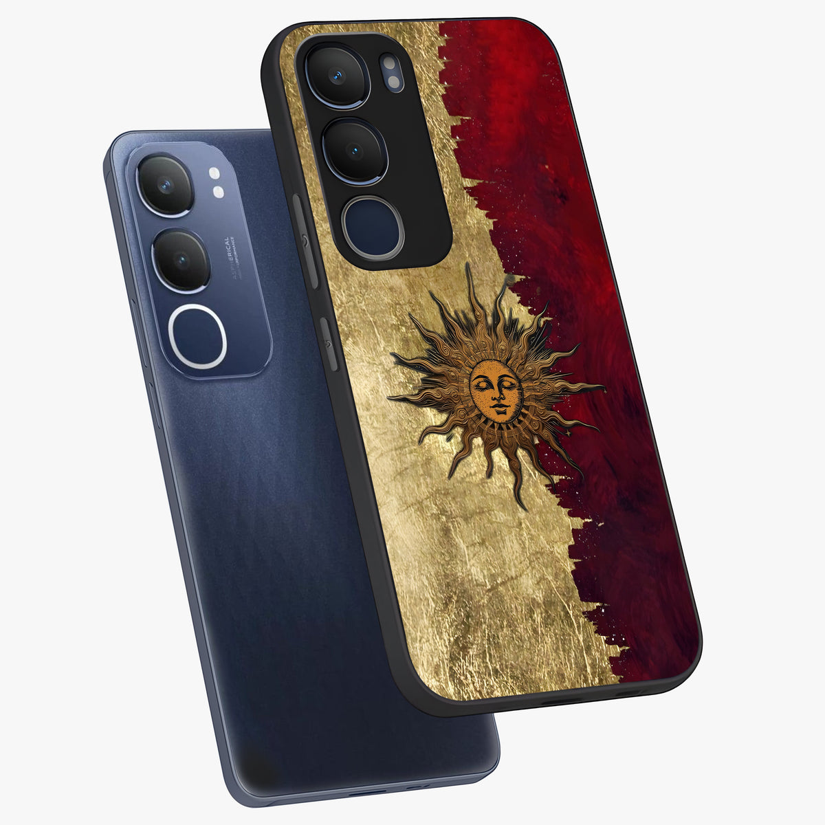 Crimson Sun Majesty Glass Case displayed in angled mockup highlighting majestic crimson sun design with bold aesthetic style.