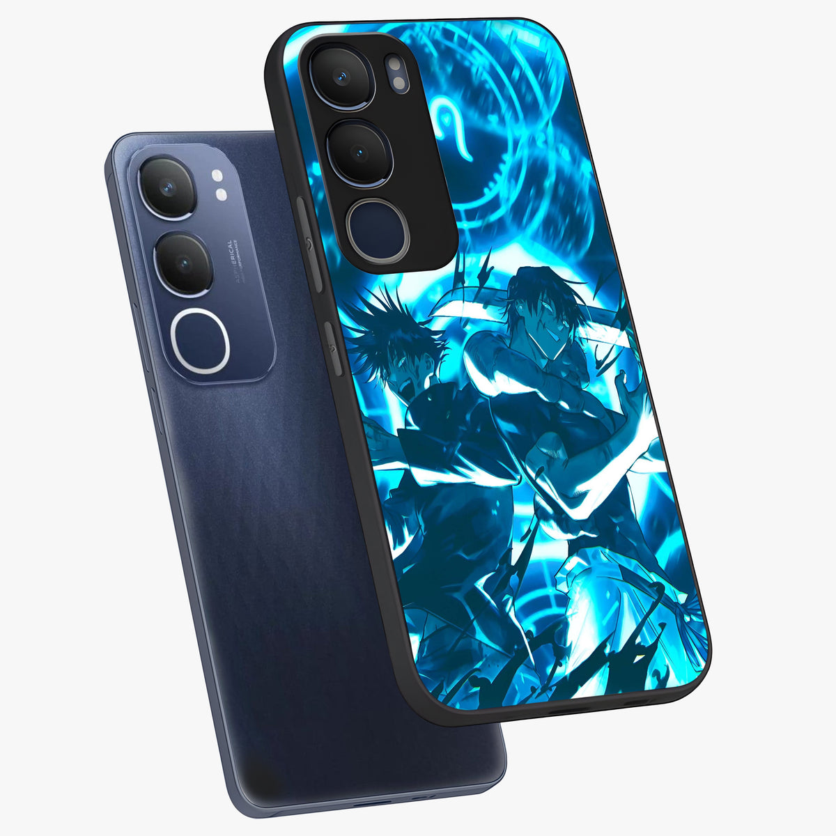 Cursed Energy Clash Glass Case displayed in angled mockup highlighting powerful battle inspired graphic with anime style aesthetic.