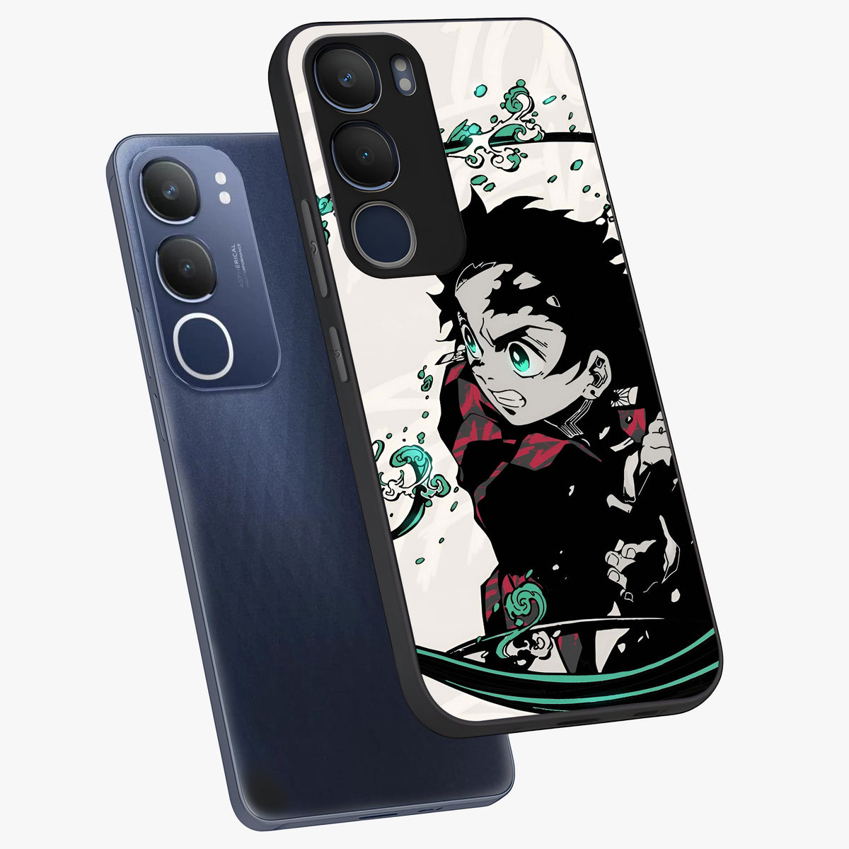 Demon Slayer Glass Case displayed in angled mockup highlighting dramatic anime character design with action aesthetic.
