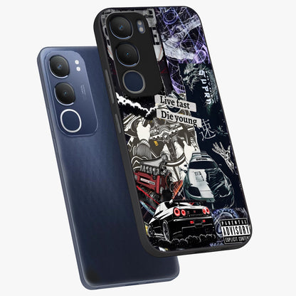 Die Young Glass Case displayed in angled mockup highlighting expressive graphic artwork with edgy aesthetic style.