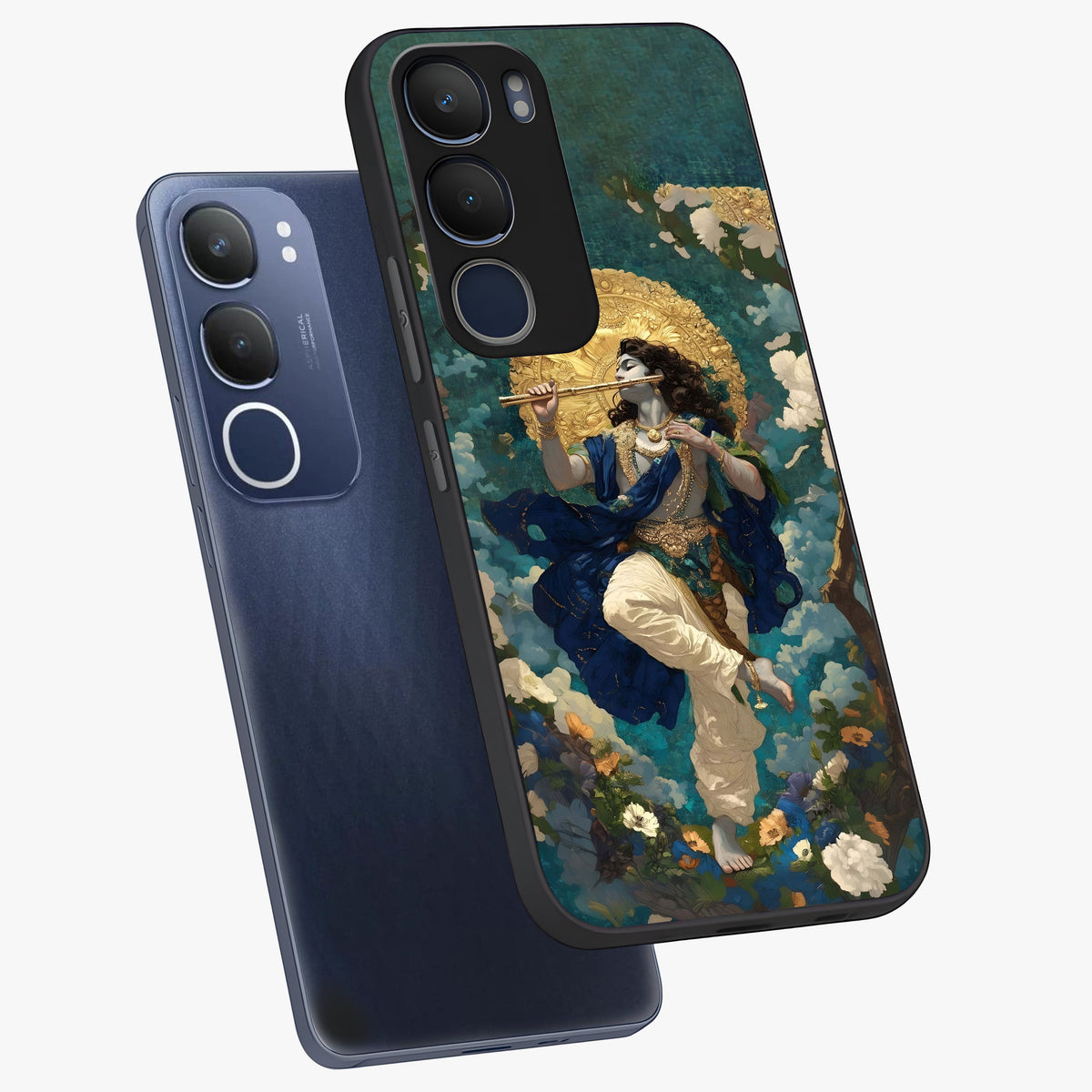 Divine Krishna Art Glass Case displayed in angled mockup highlighting spiritual Krishna illustration with devotional aesthetic.
