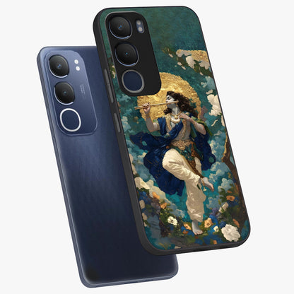 Divine Krishna Art Glass Case displayed in angled mockup highlighting spiritual Krishna illustration with devotional aesthetic.