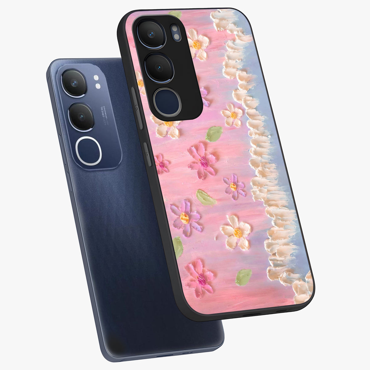 Dreamy Painted Garden Glass Case displayed in angled mockup highlighting colorful garden illustration with dreamy aesthetic style.