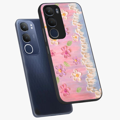 Dreamy Painted Garden Glass Case displayed in angled mockup highlighting colorful garden illustration with dreamy aesthetic style.