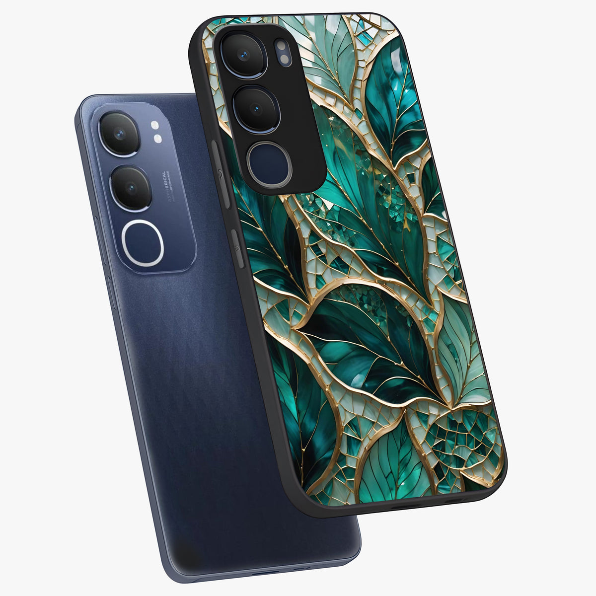 Emerald Leaf Glass Glass Case displayed in angled mockup highlighting botanical leaf illustration with elegant natural aesthetic.