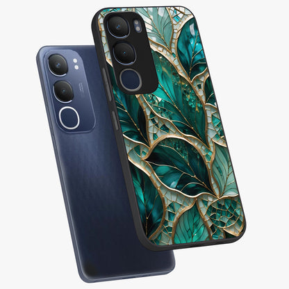 Emerald Leaf Glass Glass Case displayed in angled mockup highlighting botanical leaf illustration with elegant natural aesthetic.